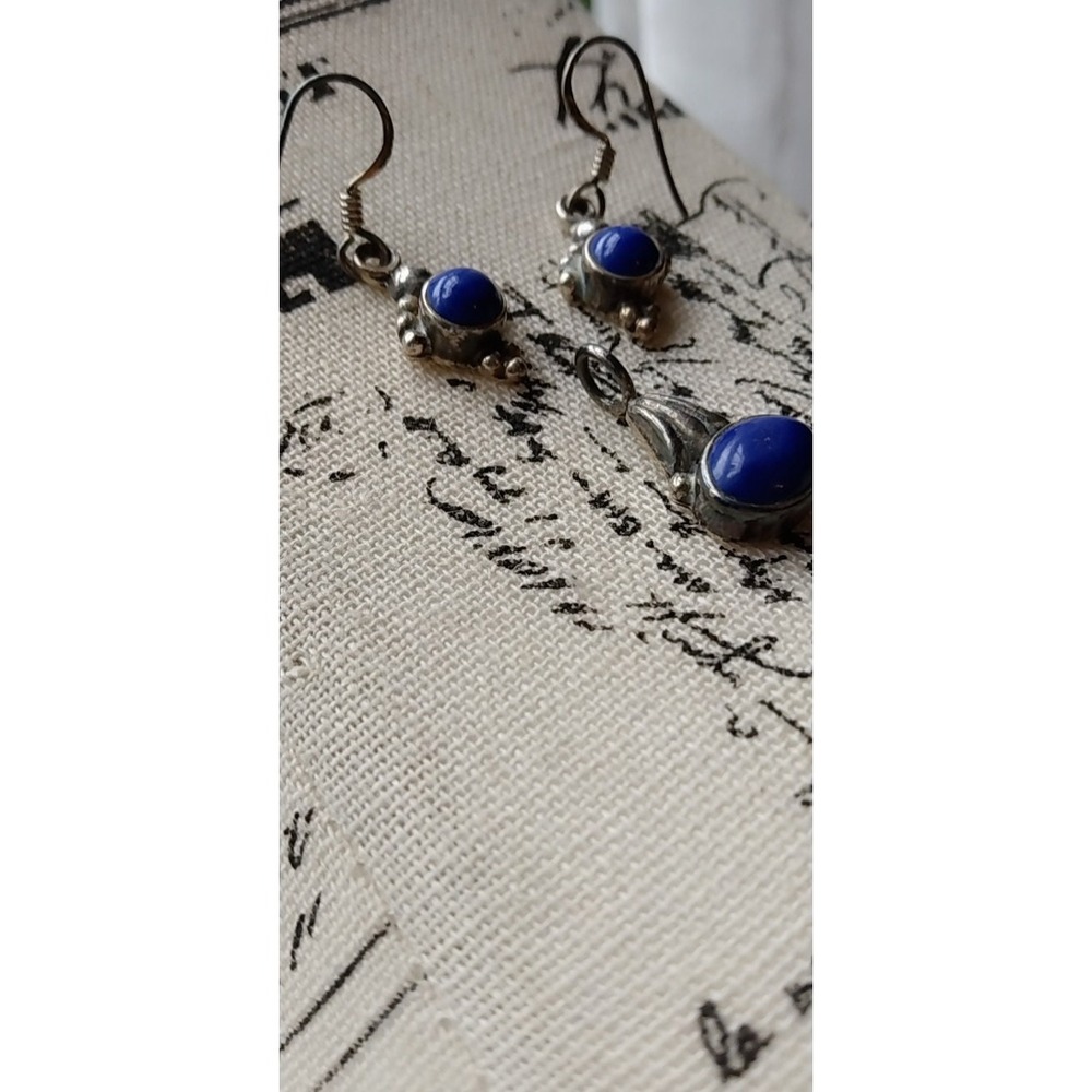 Vintage 925 Sterling Silver Lapis Lazuli Pendant and Earrings Jewelry Set Blue - Picture 3 of 10